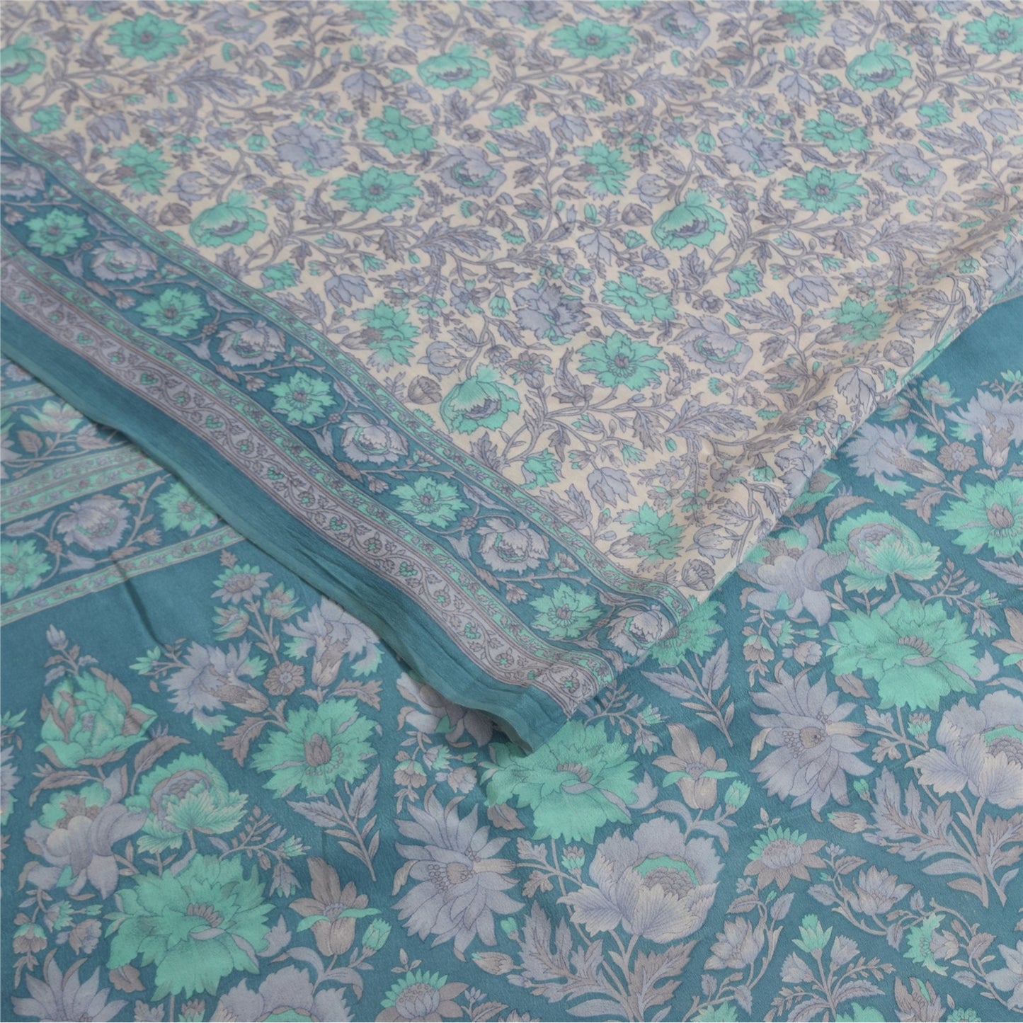 Sanskriti Vintage Sarees Ivory & Blue Pure Crepe Printed Sari 5+yd Craft Fabric