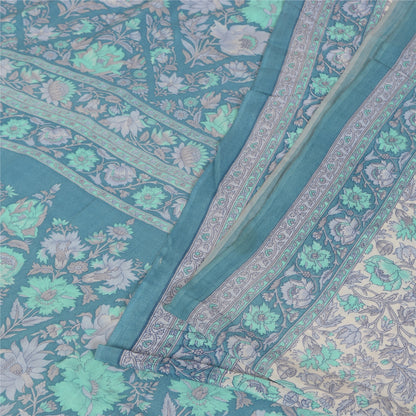 Sanskriti Vintage Sarees Ivory & Blue Pure Crepe Printed Sari 5+yd Craft Fabric