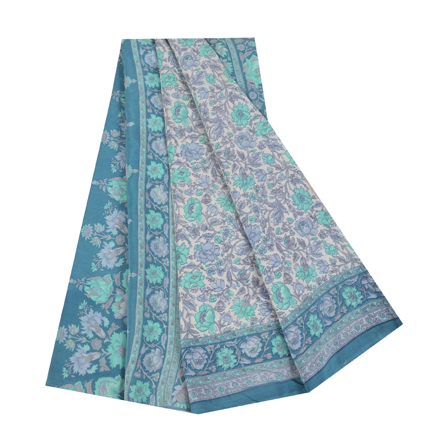 Sanskriti Vintage Sarees Ivory & Blue Pure Crepe Printed Sari 5+yd Craft Fabric