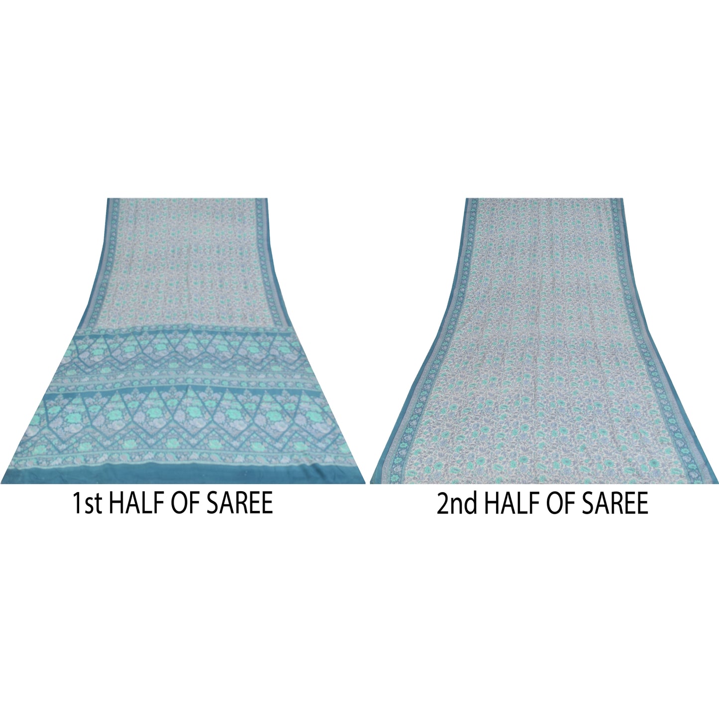 Sanskriti Vintage Sarees Ivory & Blue Pure Crepe Printed Sari 5+yd Craft Fabric