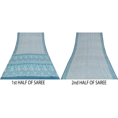 Sanskriti Vintage Sarees Ivory & Blue Pure Crepe Printed Sari 5+yd Craft Fabric