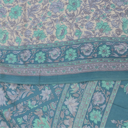 Sanskriti Vintage Sarees Ivory & Blue Pure Crepe Printed Sari 5+yd Craft Fabric