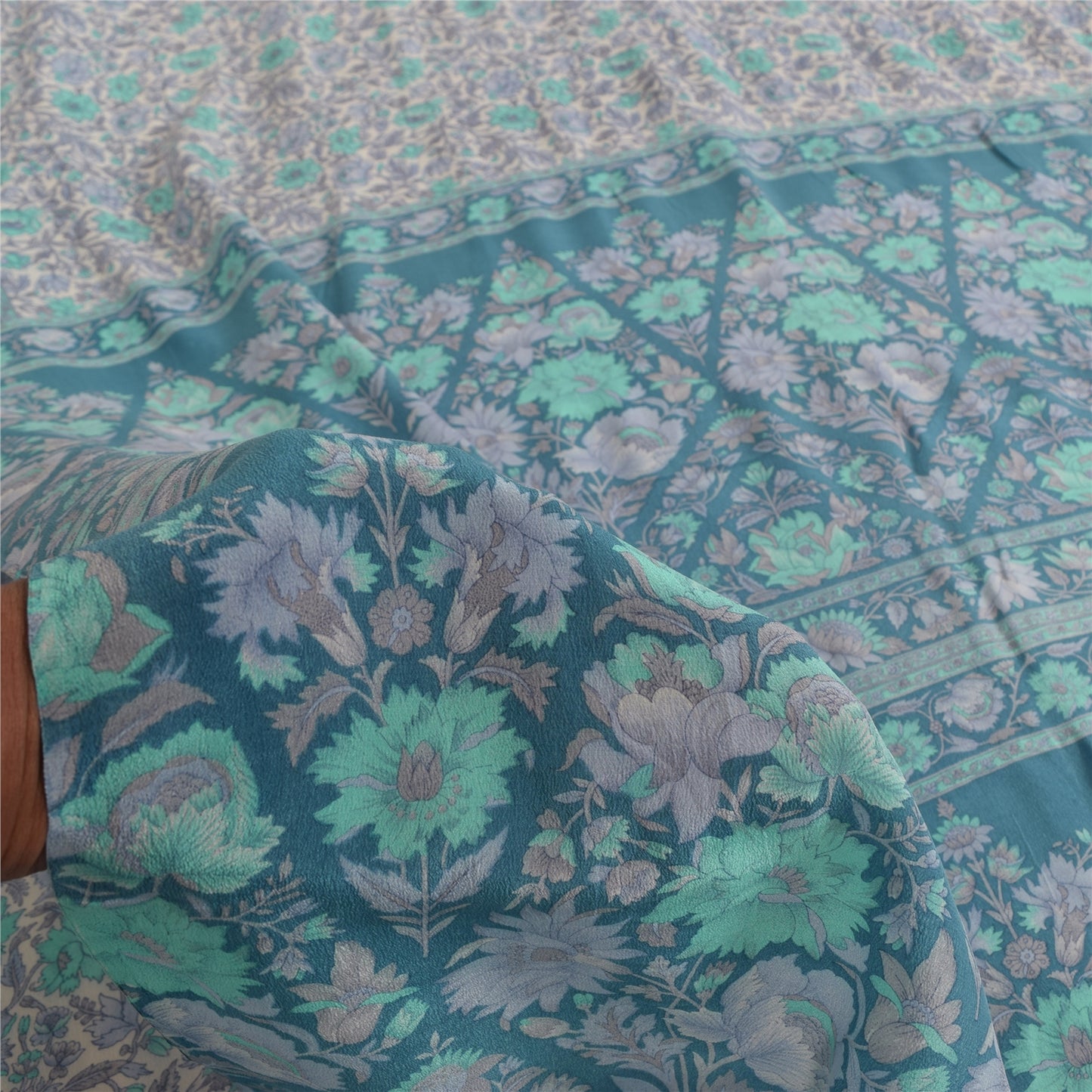 Sanskriti Vintage Sarees Ivory & Blue Pure Crepe Printed Sari 5+yd Craft Fabric