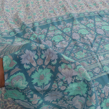 Sanskriti Vintage Sarees Ivory & Blue Pure Crepe Printed Sari 5+yd Craft Fabric