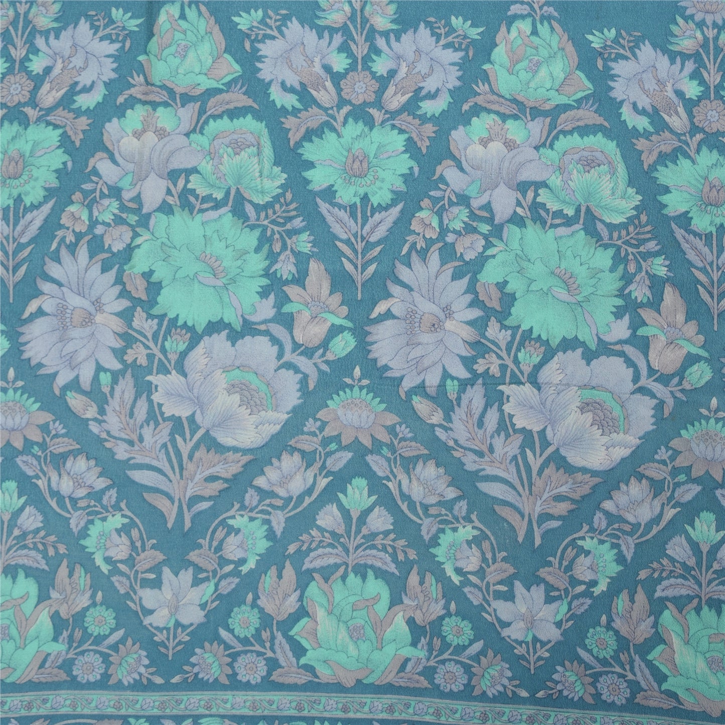 Sanskriti Vintage Sarees Ivory & Blue Pure Crepe Printed Sari 5+yd Craft Fabric