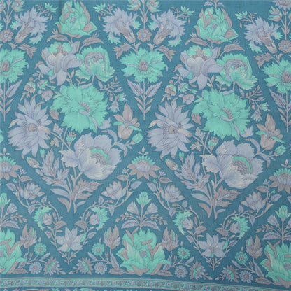 Sanskriti Vintage Sarees Ivory & Blue Pure Crepe Printed Sari 5+yd Craft Fabric