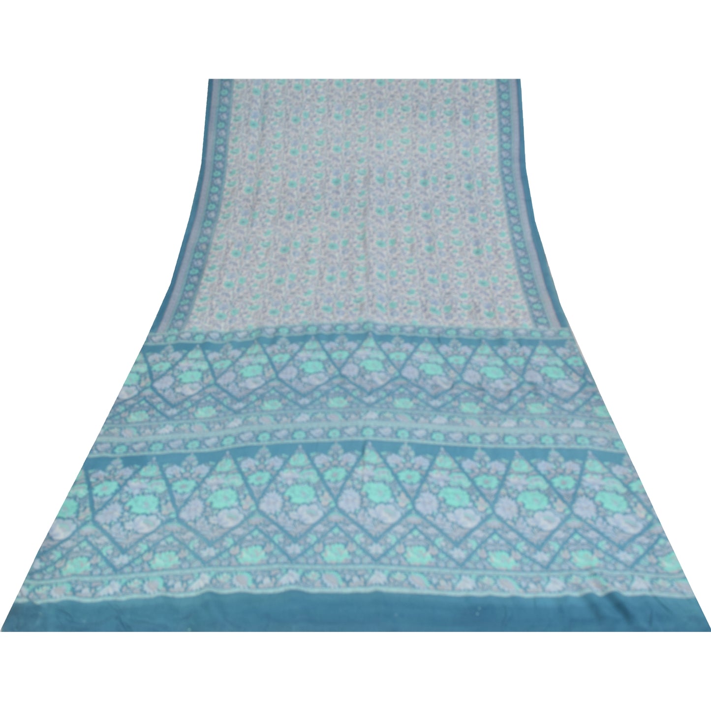 Sanskriti Vintage Sarees Ivory & Blue Pure Crepe Printed Sari 5+yd Craft Fabric