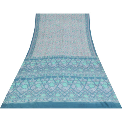 Sanskriti Vintage Sarees Ivory & Blue Pure Crepe Printed Sari 5+yd Craft Fabric