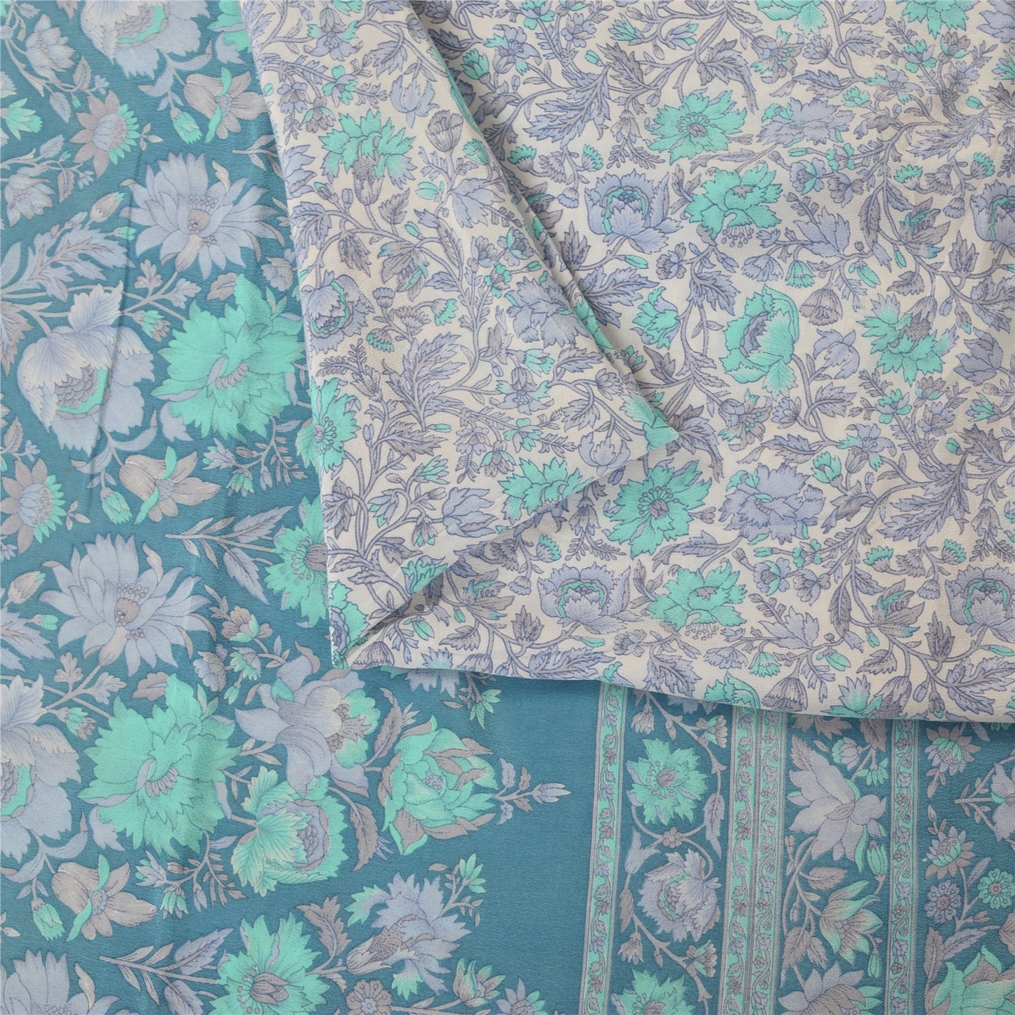 Sanskriti Vintage Sarees Ivory & Blue Pure Crepe Printed Sari 5+yd Craft Fabric