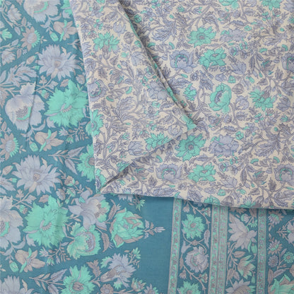 Sanskriti Vintage Sarees Ivory & Blue Pure Crepe Printed Sari 5+yd Craft Fabric
