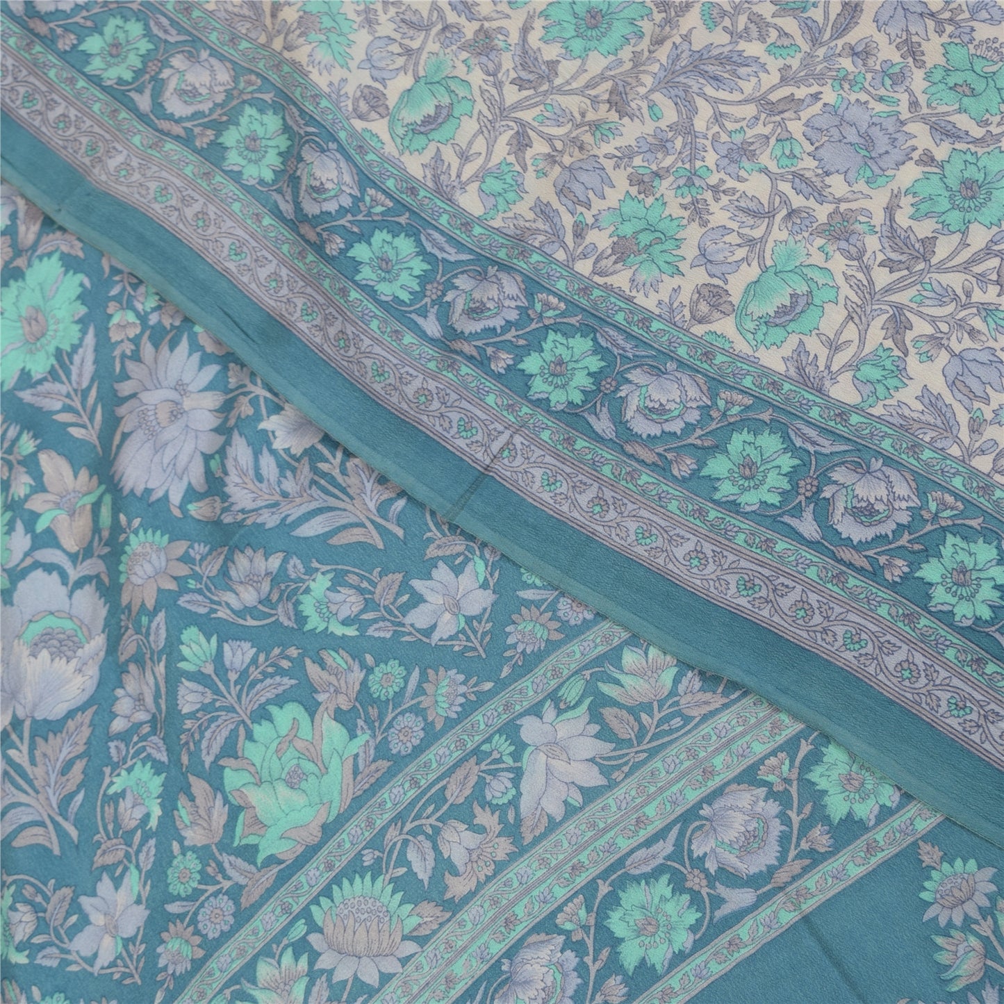 Sanskriti Vintage Sarees Ivory & Blue Pure Crepe Printed Sari 5+yd Craft Fabric