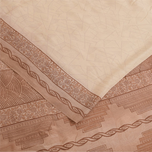 Sanskriti Vintage Sarees Peach 100%Pure Crepe Silk Printed Sari 6yd Craft Fabric