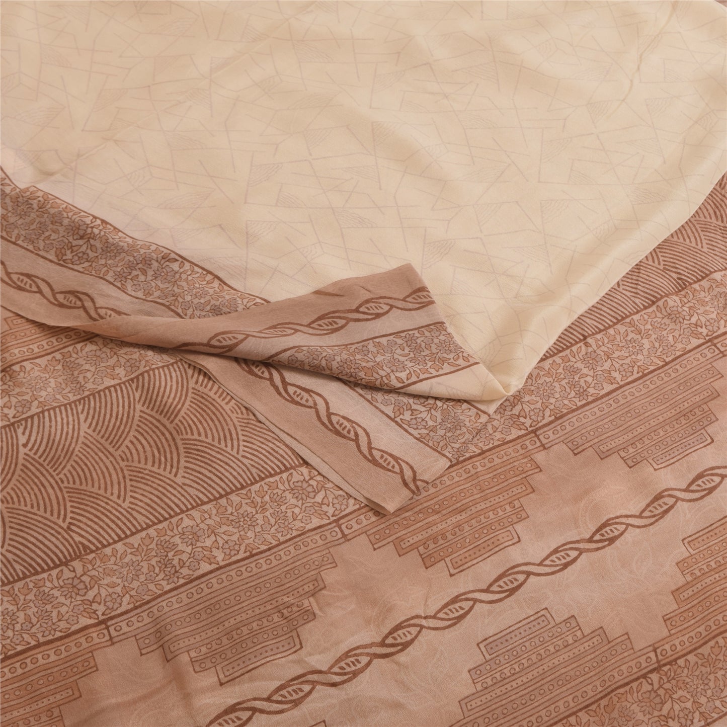 Sanskriti Vintage Sarees Peach 100%Pure Crepe Silk Printed Sari 6yd Craft Fabric