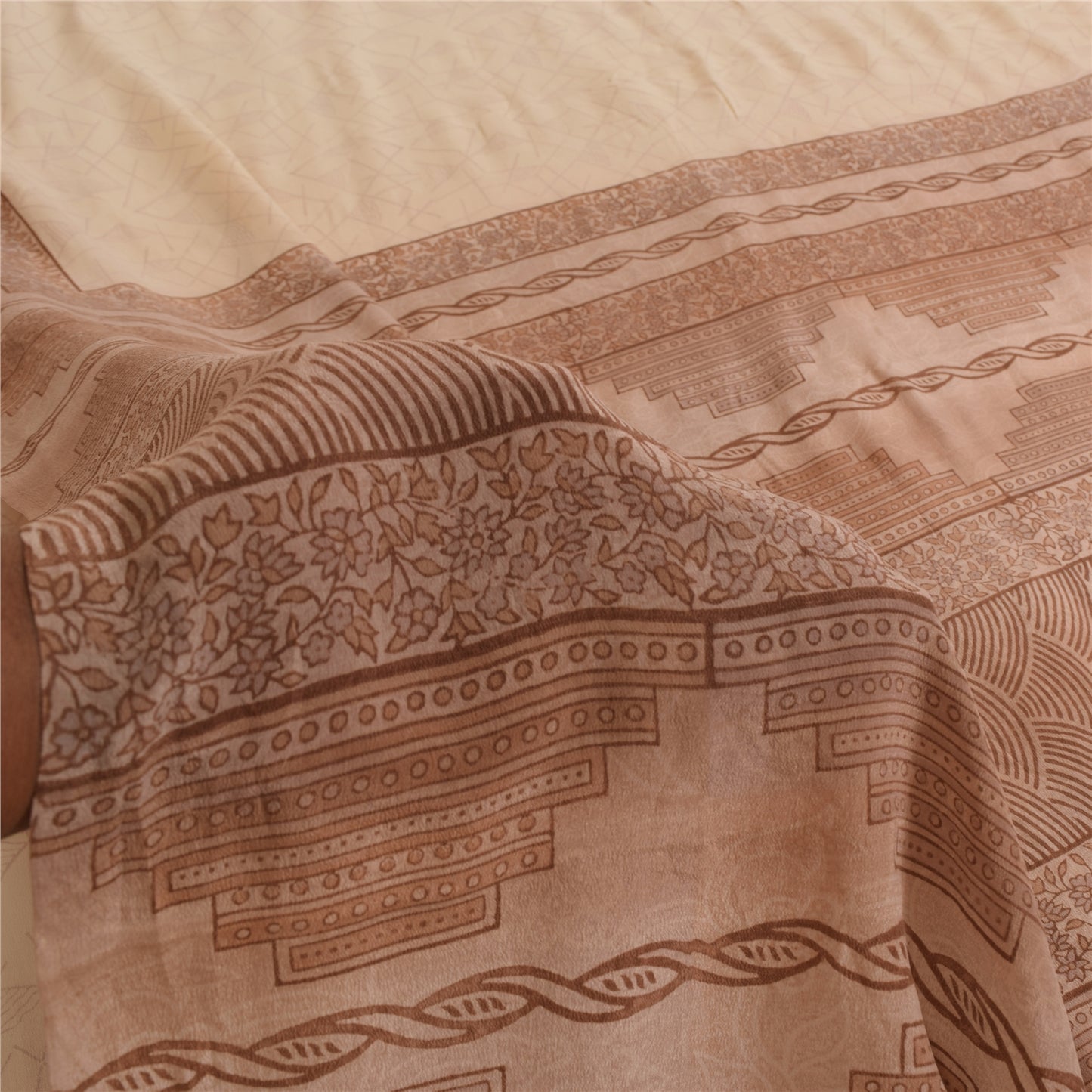 Sanskriti Vintage Sarees Peach 100%Pure Crepe Silk Printed Sari 6yd Craft Fabric