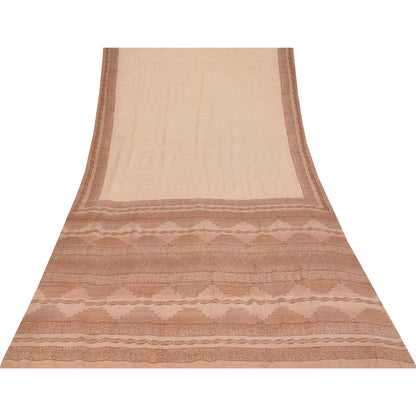 Sanskriti Vintage Sarees Peach 100%Pure Crepe Silk Printed Sari 6yd Craft Fabric