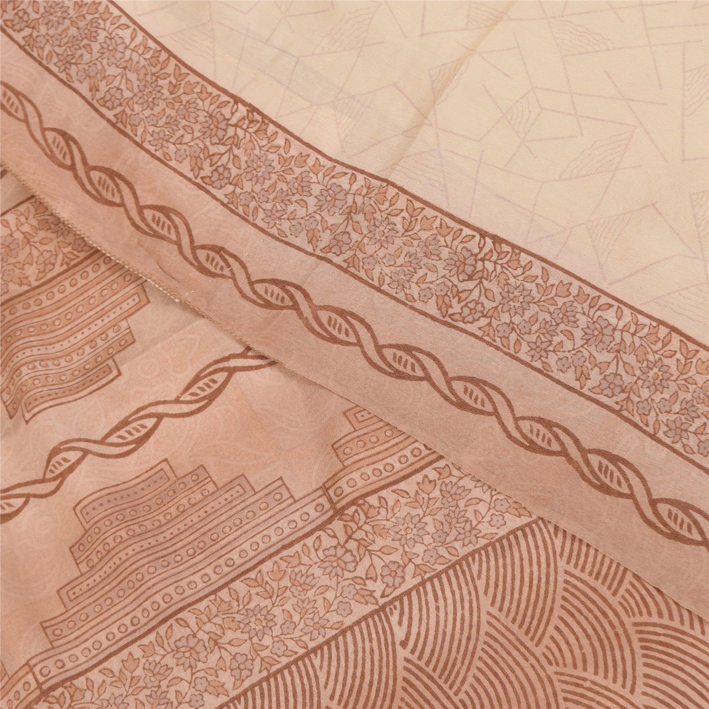 Sanskriti Vintage Sarees Peach 100%Pure Crepe Silk Printed Sari 6yd Craft Fabric