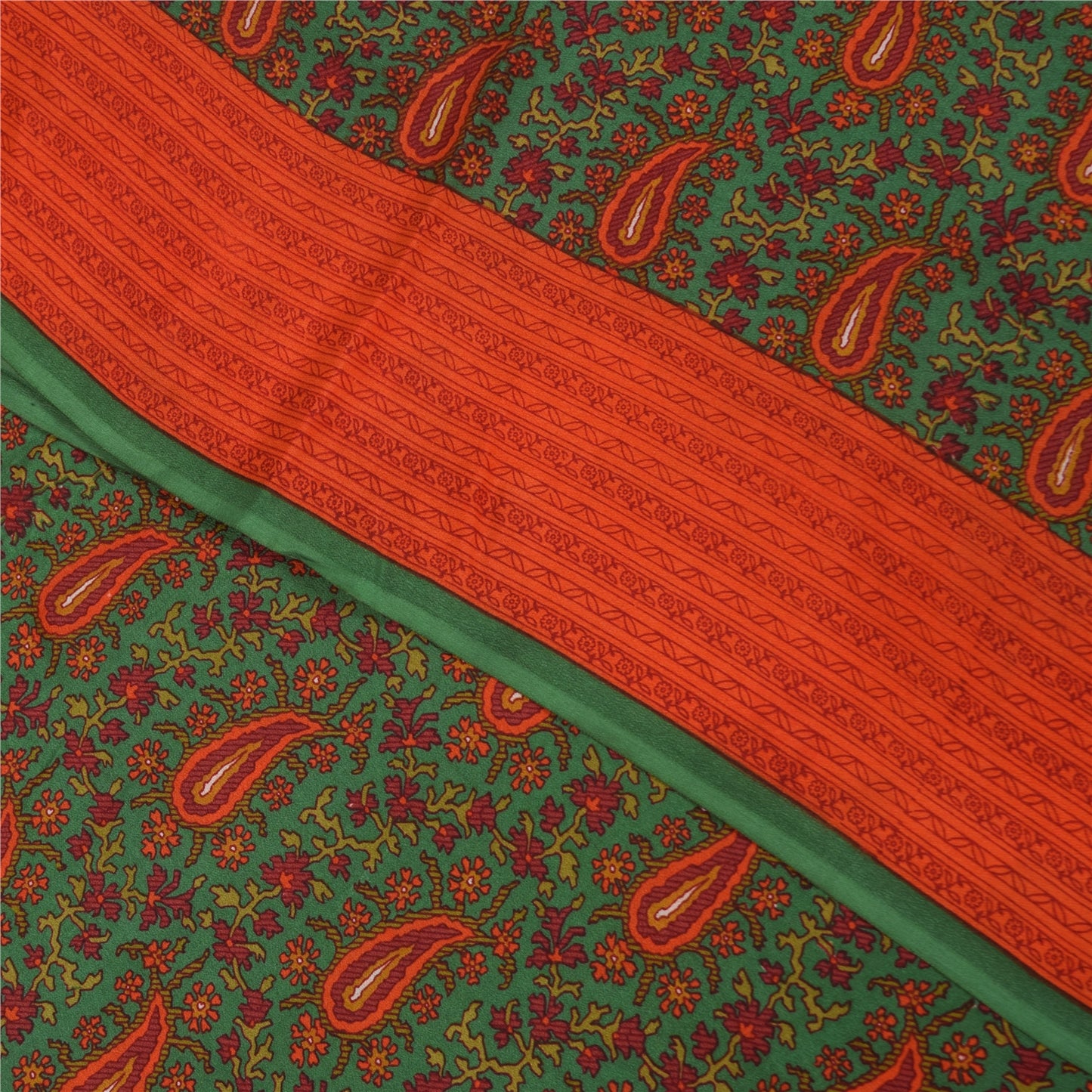 Sanskriti Vintage Sarees Green Pure Crepe Silk Printed Sari 5+yd Craft Fabric