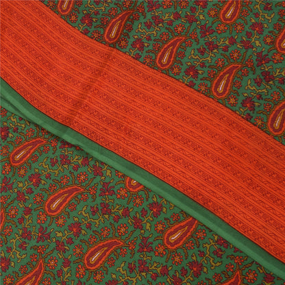 Sanskriti Vintage Sarees Green Pure Crepe Silk Printed Sari 5+yd Craft Fabric