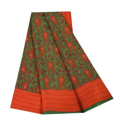 Sanskriti Vintage Sarees Green Pure Crepe Silk Printed Sari 5+yd Craft Fabric