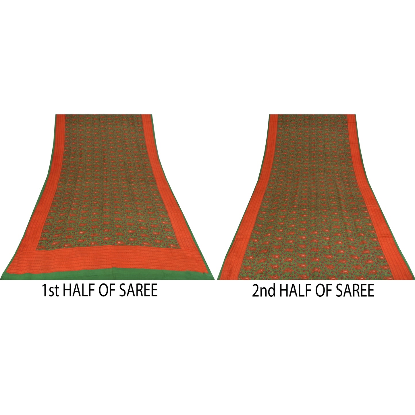 Sanskriti Vintage Sarees Green Pure Crepe Silk Printed Sari 5+yd Craft Fabric