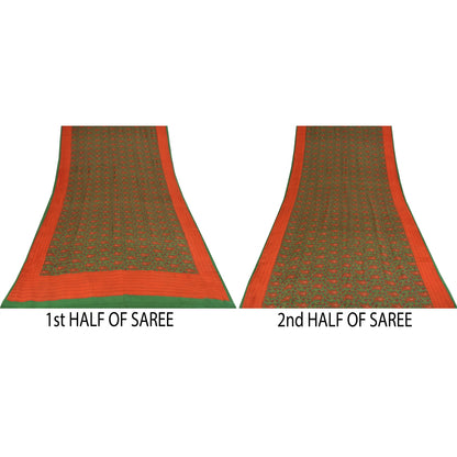 Sanskriti Vintage Sarees Green Pure Crepe Silk Printed Sari 5+yd Craft Fabric