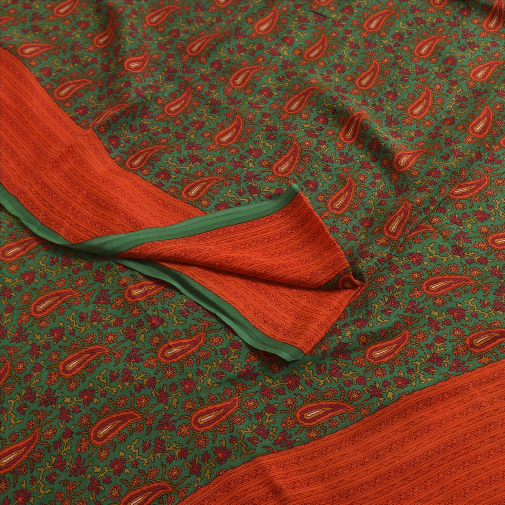Sanskriti Vintage Sarees Green Pure Crepe Silk Printed Sari 5+yd Craft Fabric