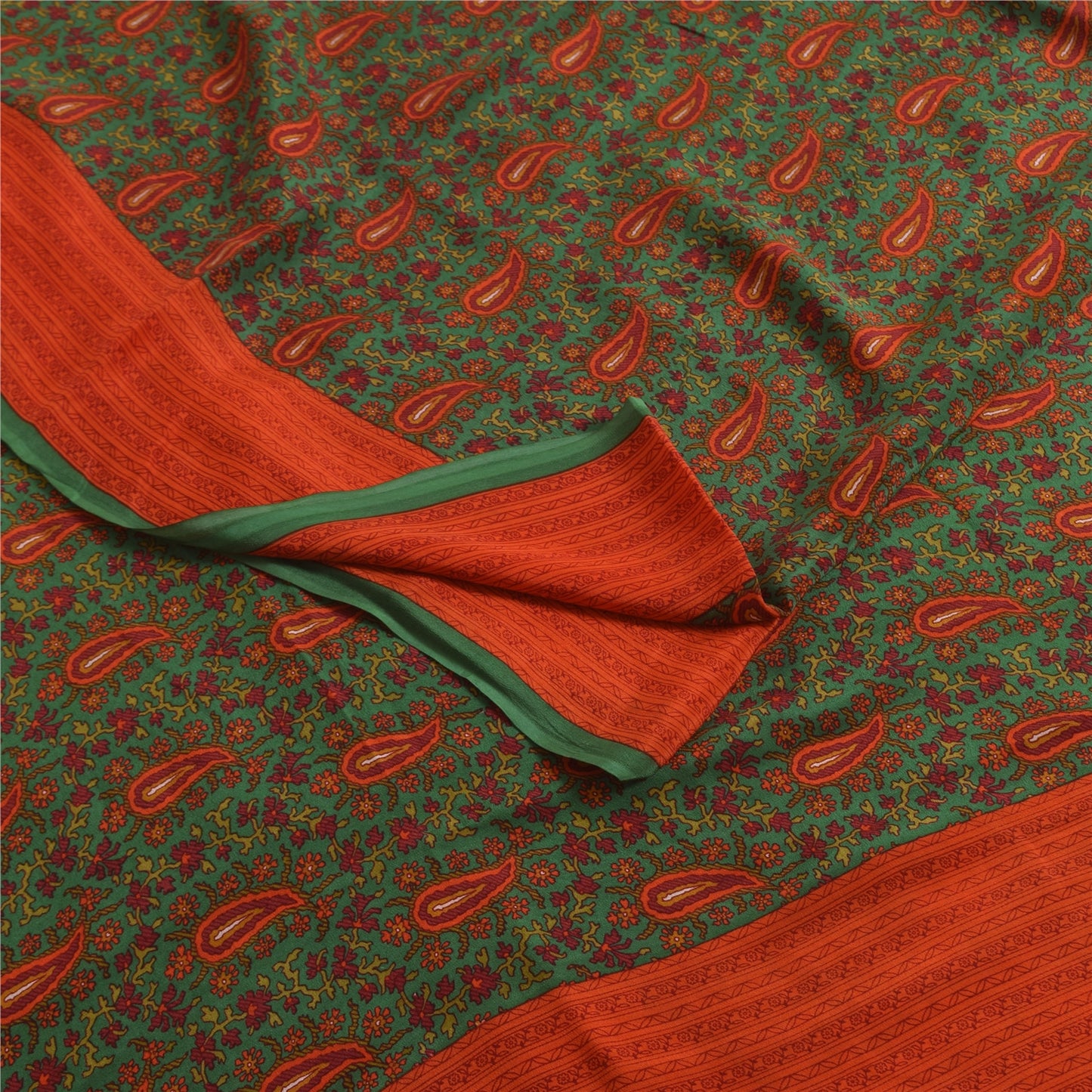 Sanskriti Vintage Sarees Green Pure Crepe Silk Printed Sari 5+yd Craft Fabric