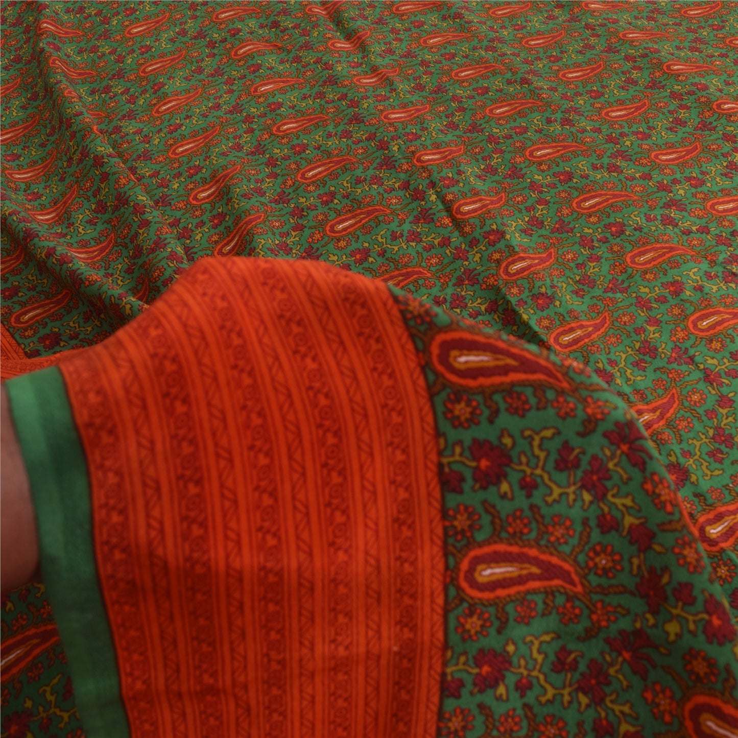 Sanskriti Vintage Sarees Green Pure Crepe Silk Printed Sari 5+yd Craft Fabric