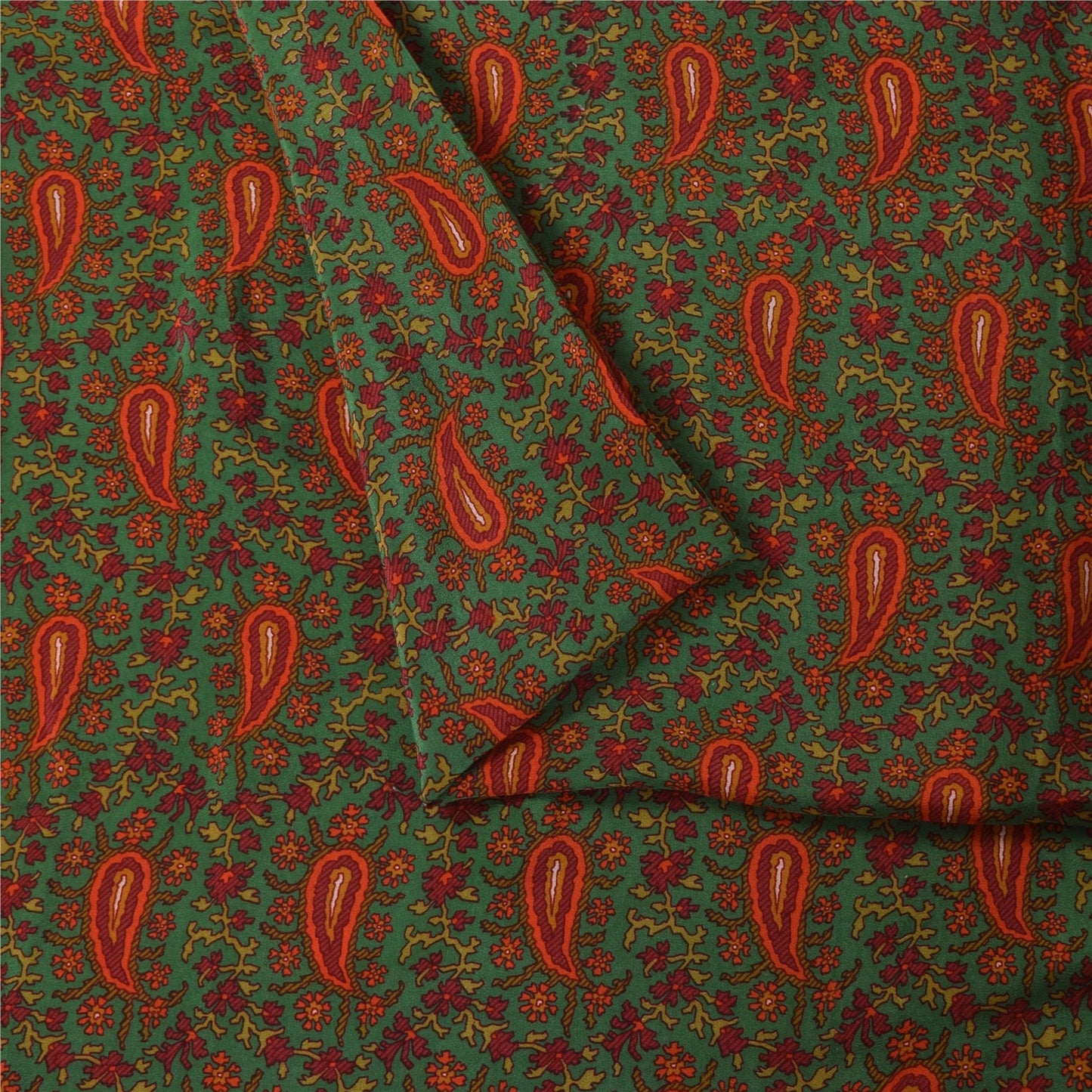 Sanskriti Vintage Sarees Green Pure Crepe Silk Printed Sari 5+yd Craft Fabric