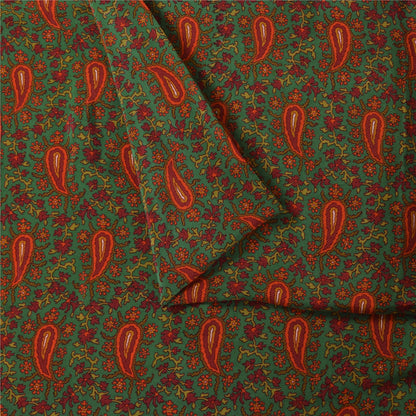 Sanskriti Vintage Sarees Green Pure Crepe Silk Printed Sari 5+yd Craft Fabric