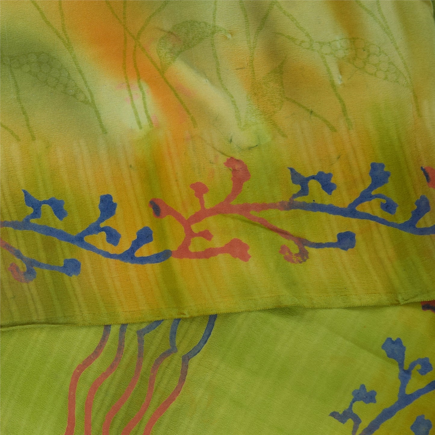 Sanskriti Vintage Sarees Green Pure Crepe Silk Printed Sari 5+yd Craft Fabric