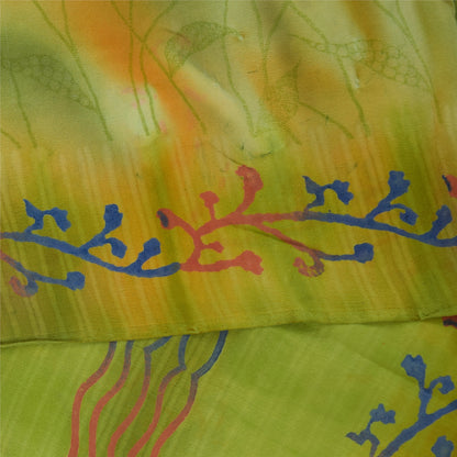 Sanskriti Vintage Sarees Green Pure Crepe Silk Printed Sari 5+yd Craft Fabric