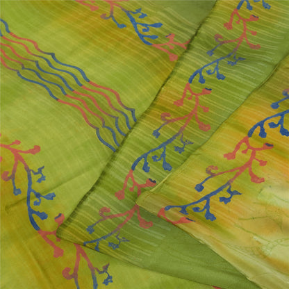 Sanskriti Vintage Sarees Green Pure Crepe Silk Printed Sari 5+yd Craft Fabric