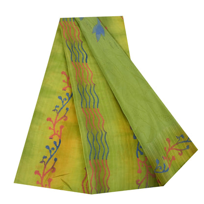 Sanskriti Vintage Sarees Green Pure Crepe Silk Printed Sari 5+yd Craft Fabric