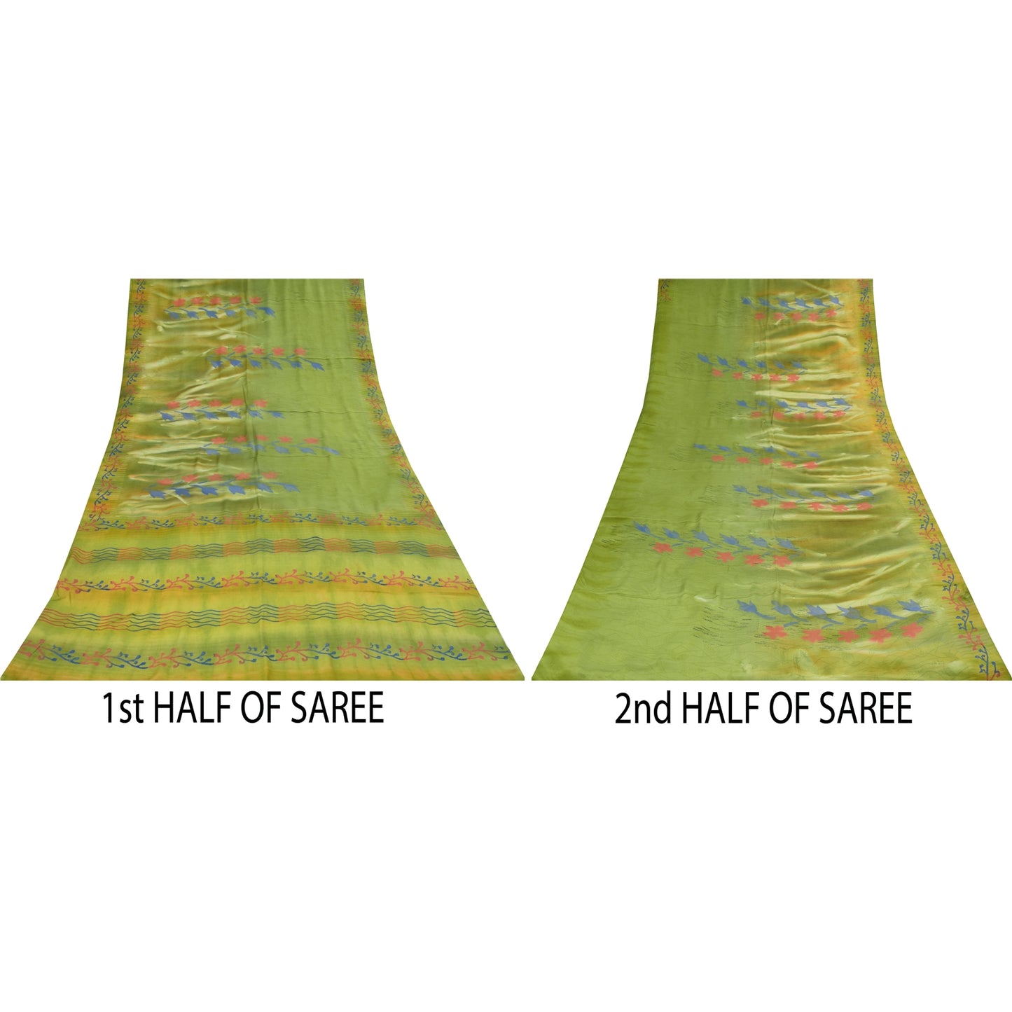 Sanskriti Vintage Sarees Green Pure Crepe Silk Printed Sari 5+yd Craft Fabric