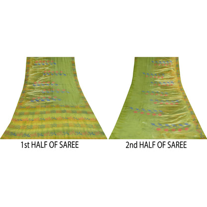 Sanskriti Vintage Sarees Green Pure Crepe Silk Printed Sari 5+yd Craft Fabric