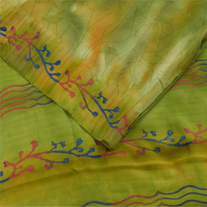 Sanskriti Vintage Sarees Green Pure Crepe Silk Printed Sari 5+yd Craft Fabric