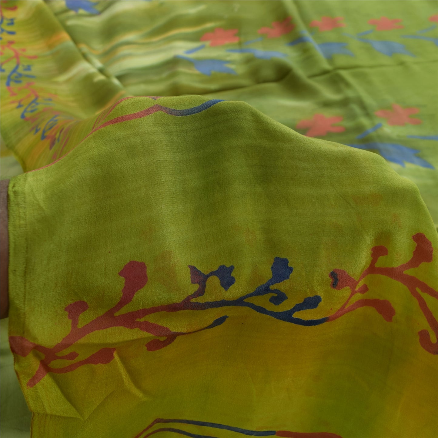 Sanskriti Vintage Sarees Green Pure Crepe Silk Printed Sari 5+yd Craft Fabric