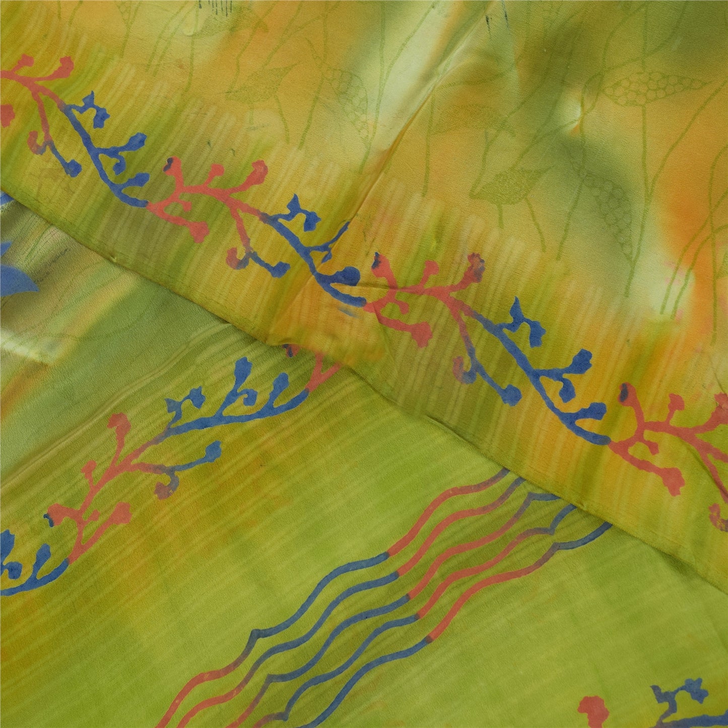 Sanskriti Vintage Sarees Green Pure Crepe Silk Printed Sari 5+yd Craft Fabric