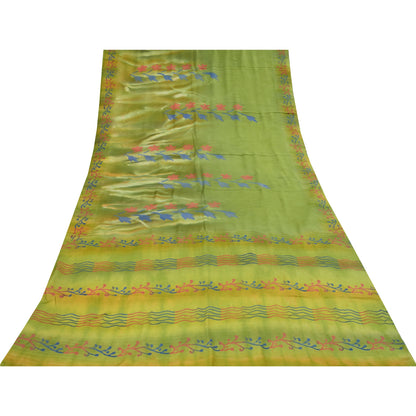 Sanskriti Vintage Sarees Green Pure Crepe Silk Printed Sari 5+yd Craft Fabric