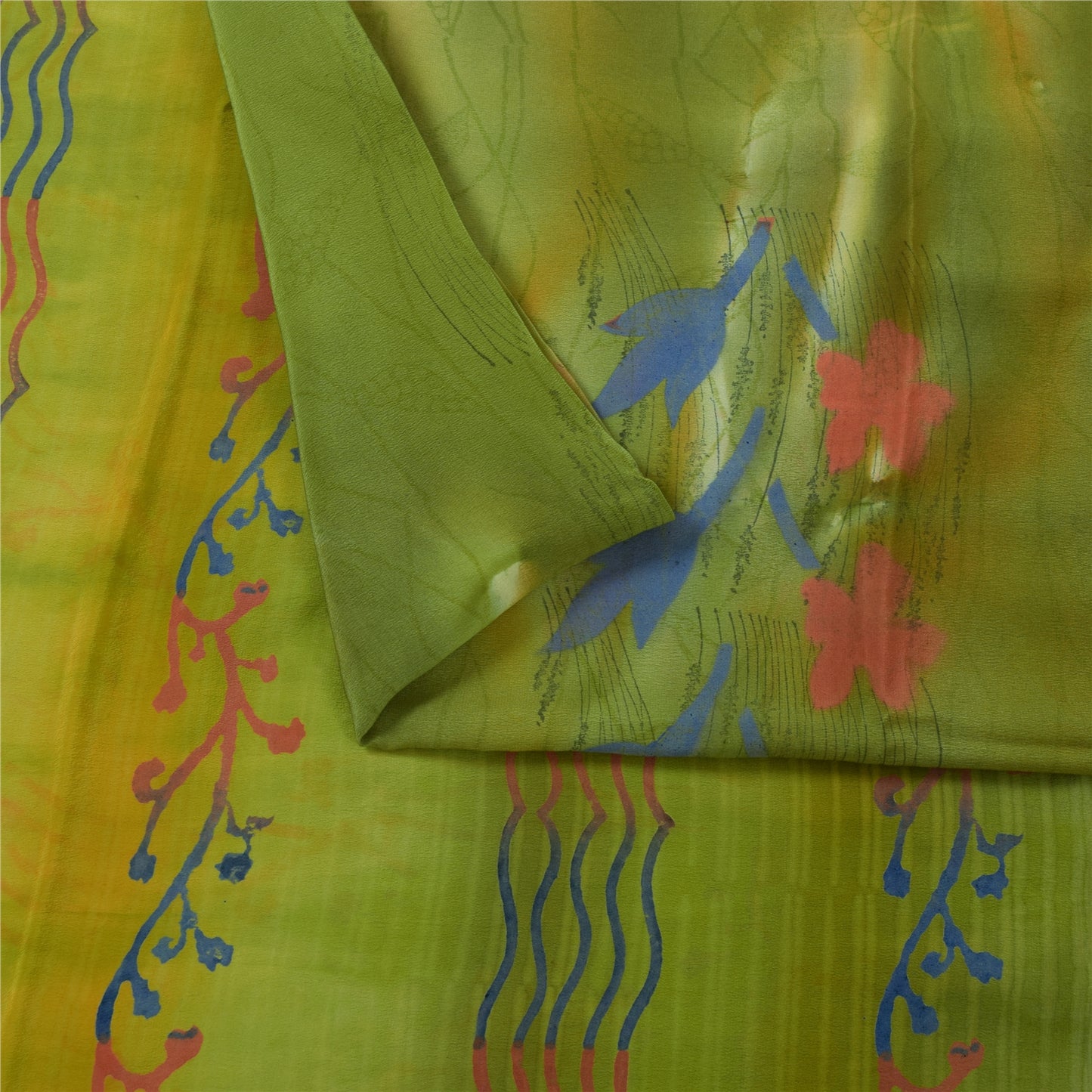 Sanskriti Vintage Sarees Green Pure Crepe Silk Printed Sari 5+yd Craft Fabric