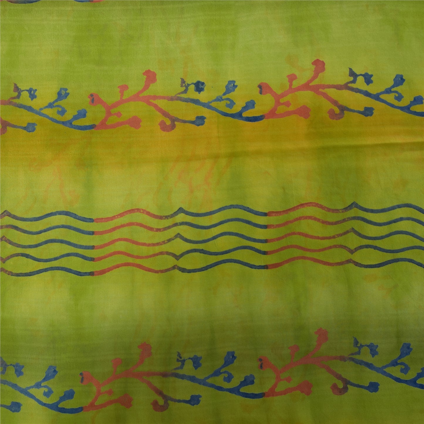 Sanskriti Vintage Sarees Green Pure Crepe Silk Printed Sari 5+yd Craft Fabric
