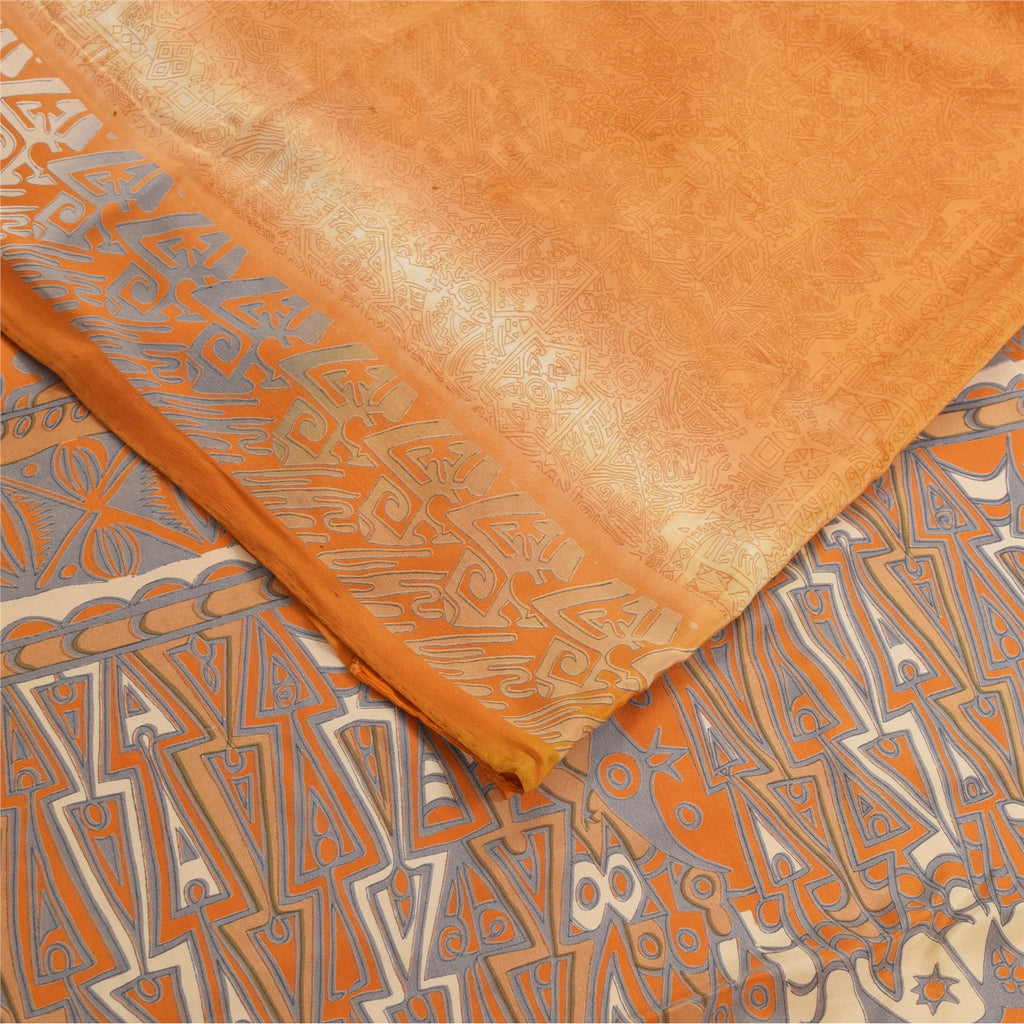 Sanskriti Vintage Sarees Orange Pure Crepe Silk Printed Sari 5+yd Craft Fabric