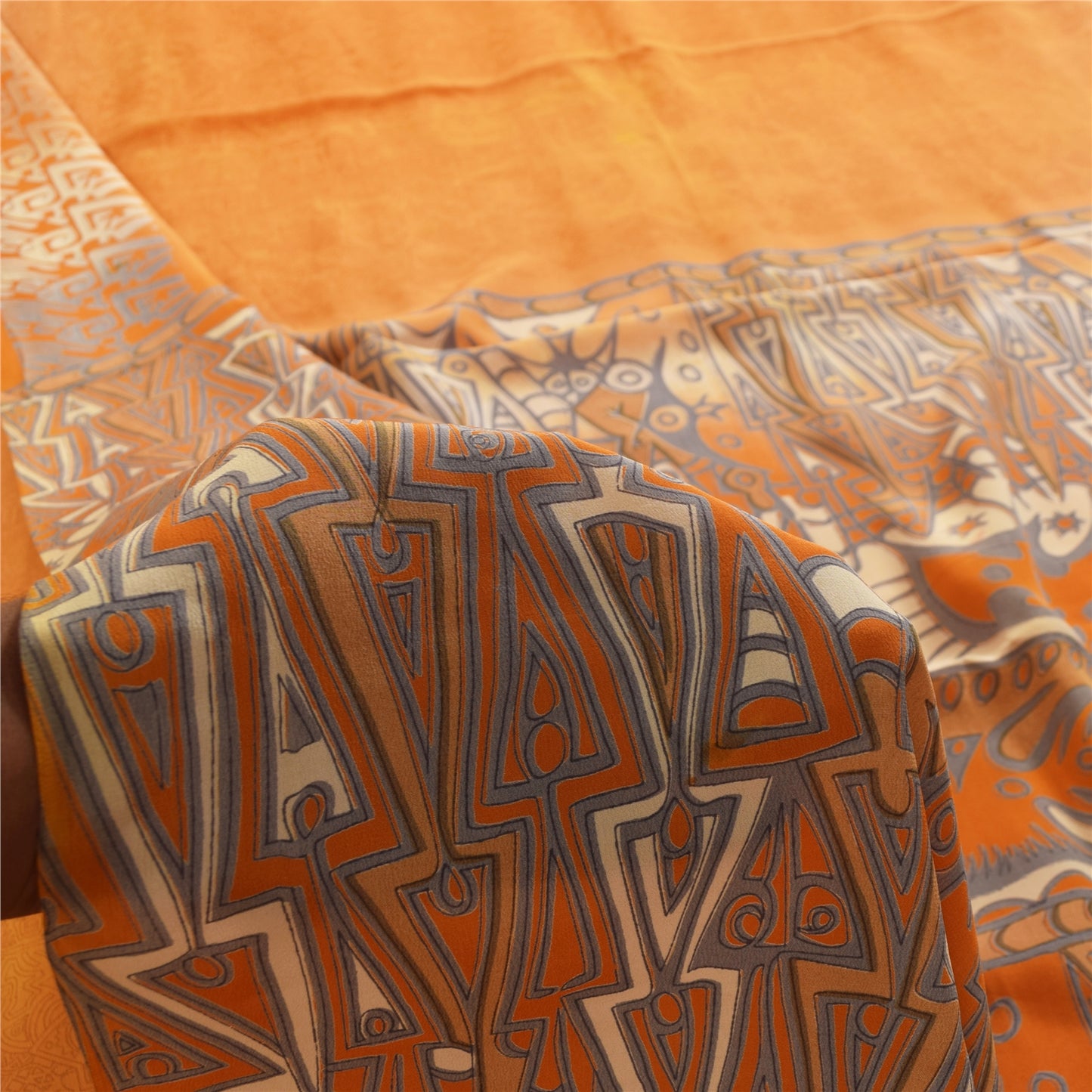 Sanskriti Vintage Sarees Orange Pure Crepe Silk Printed Sari 5+yd Craft Fabric