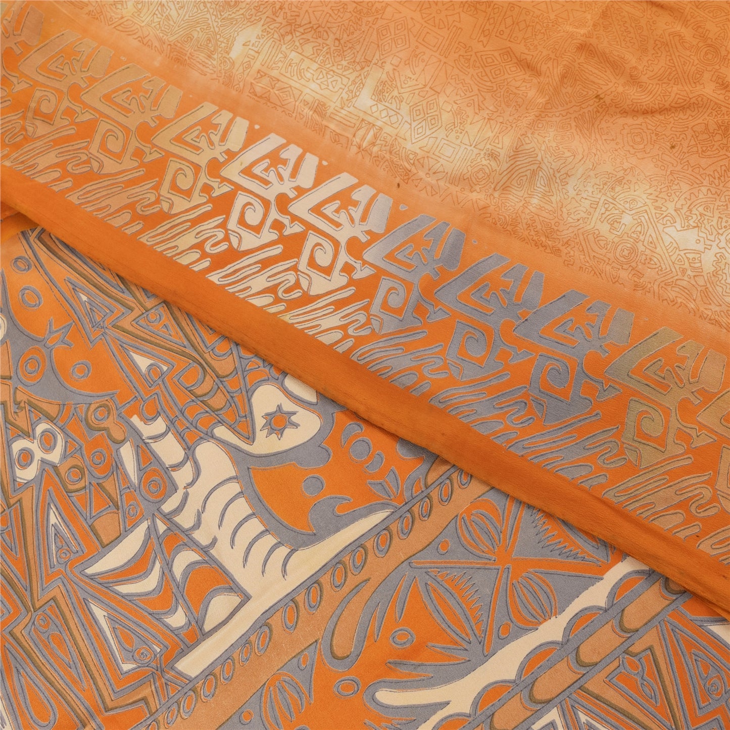 Sanskriti Vintage Sarees Orange Pure Crepe Silk Printed Sari 5+yd Craft Fabric