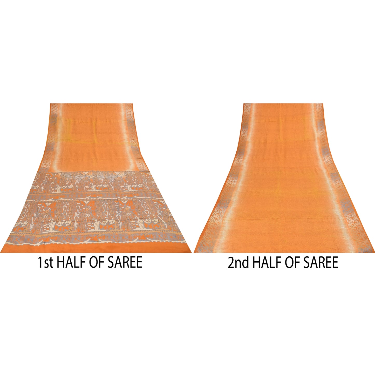 Sanskriti Vintage Sarees Orange Pure Crepe Silk Printed Sari 5+yd Craft Fabric