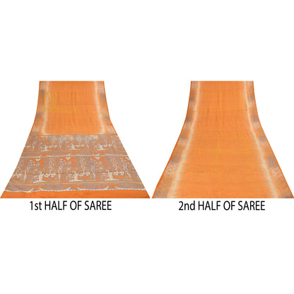 Sanskriti Vintage Sarees Orange Pure Crepe Silk Printed Sari 5+yd Craft Fabric