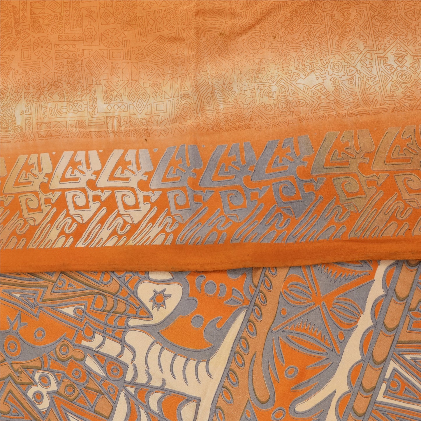 Sanskriti Vintage Sarees Orange Pure Crepe Silk Printed Sari 5+yd Craft Fabric