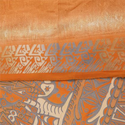 Sanskriti Vintage Sarees Orange Pure Crepe Silk Printed Sari 5+yd Craft Fabric