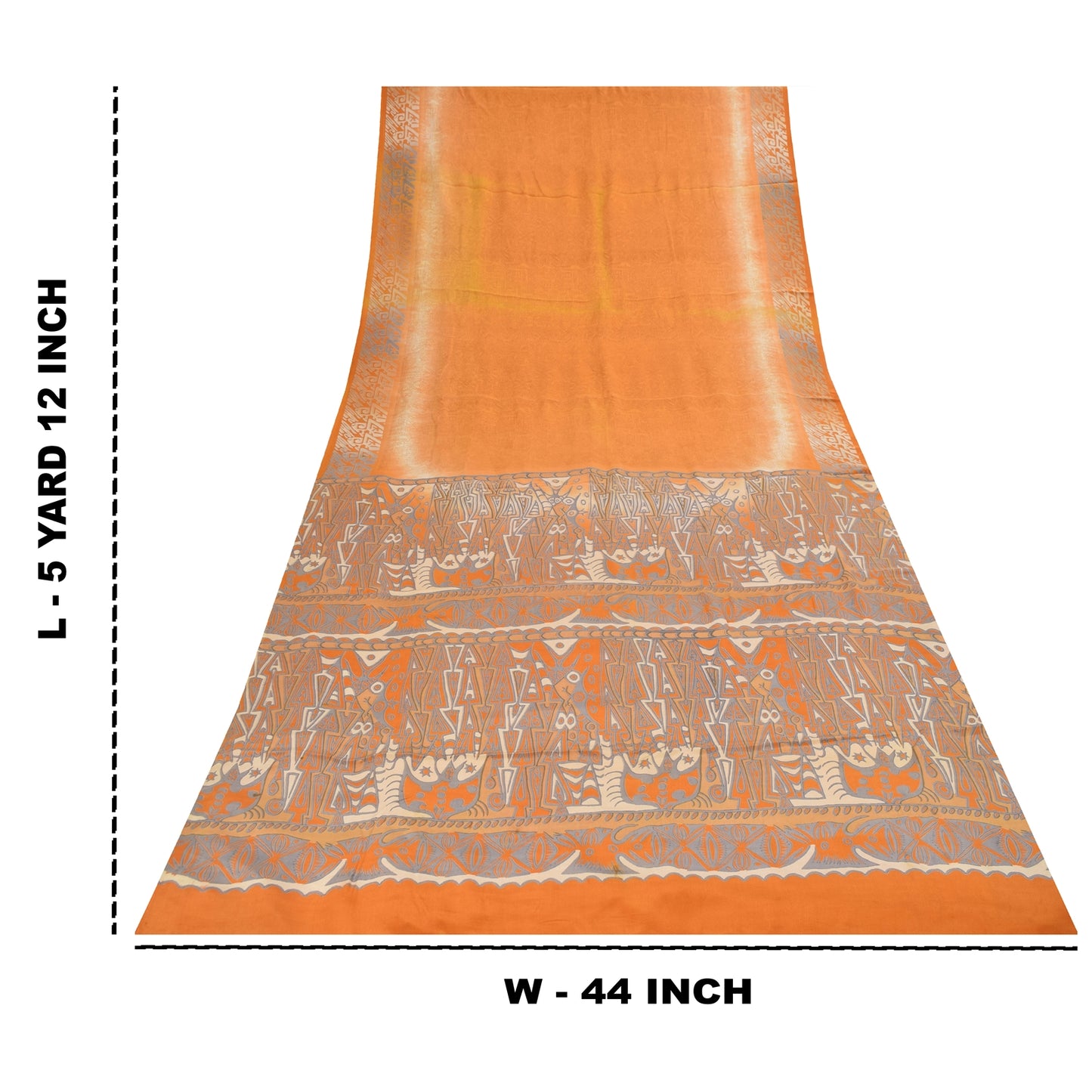 Sanskriti Vintage Sarees Orange Pure Crepe Silk Printed Sari 5+yd Craft Fabric